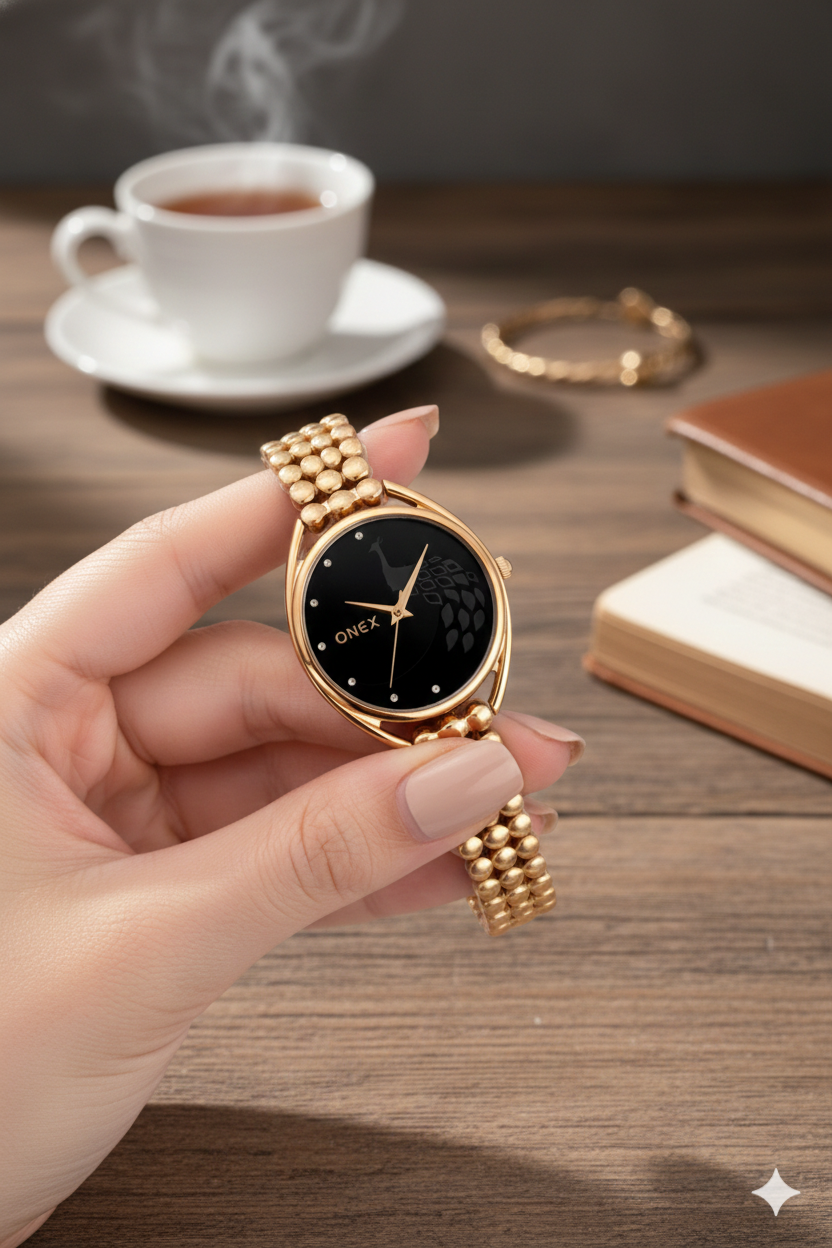 ONEX Elegant Rose Gold Bracelet Watch for Women | Stylish Black Dial Analog Watch | Party & Daily Wear