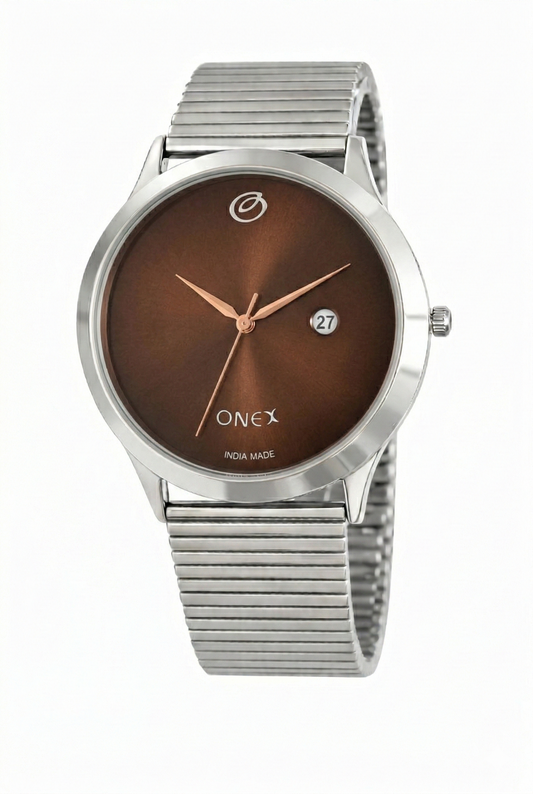 ONEX Men’s Analog Watch with Date Display | Brown Sunray Dial | Stainless Steel Case & Expandable Metal Strap | Premium Casual & Formal Watch for Men