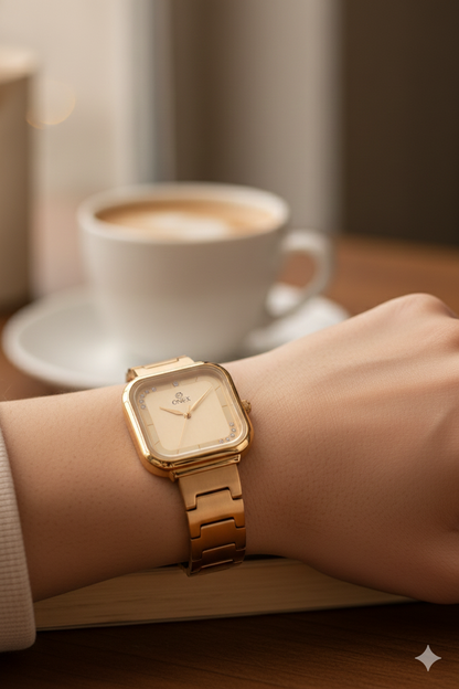ONEX Rose Gold Square Dial Analog Watch for Women | Crystal Accent Dial | Metal Strap
