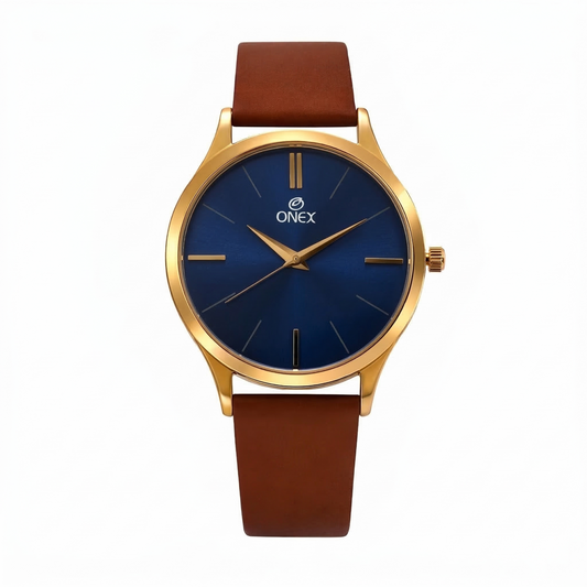 Onex Men’s Classic Blue Dial Analog Watch with Brown Leather Strap | Minimal Slim Design | Premium Quartz Movement