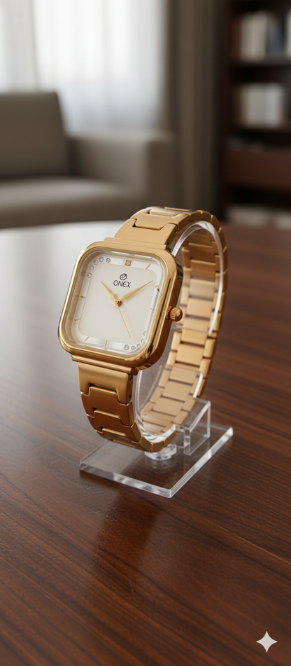 ONEX Rose Gold Square Dial Analog Watch for Women | Crystal Accent Dial | Metal Strap
