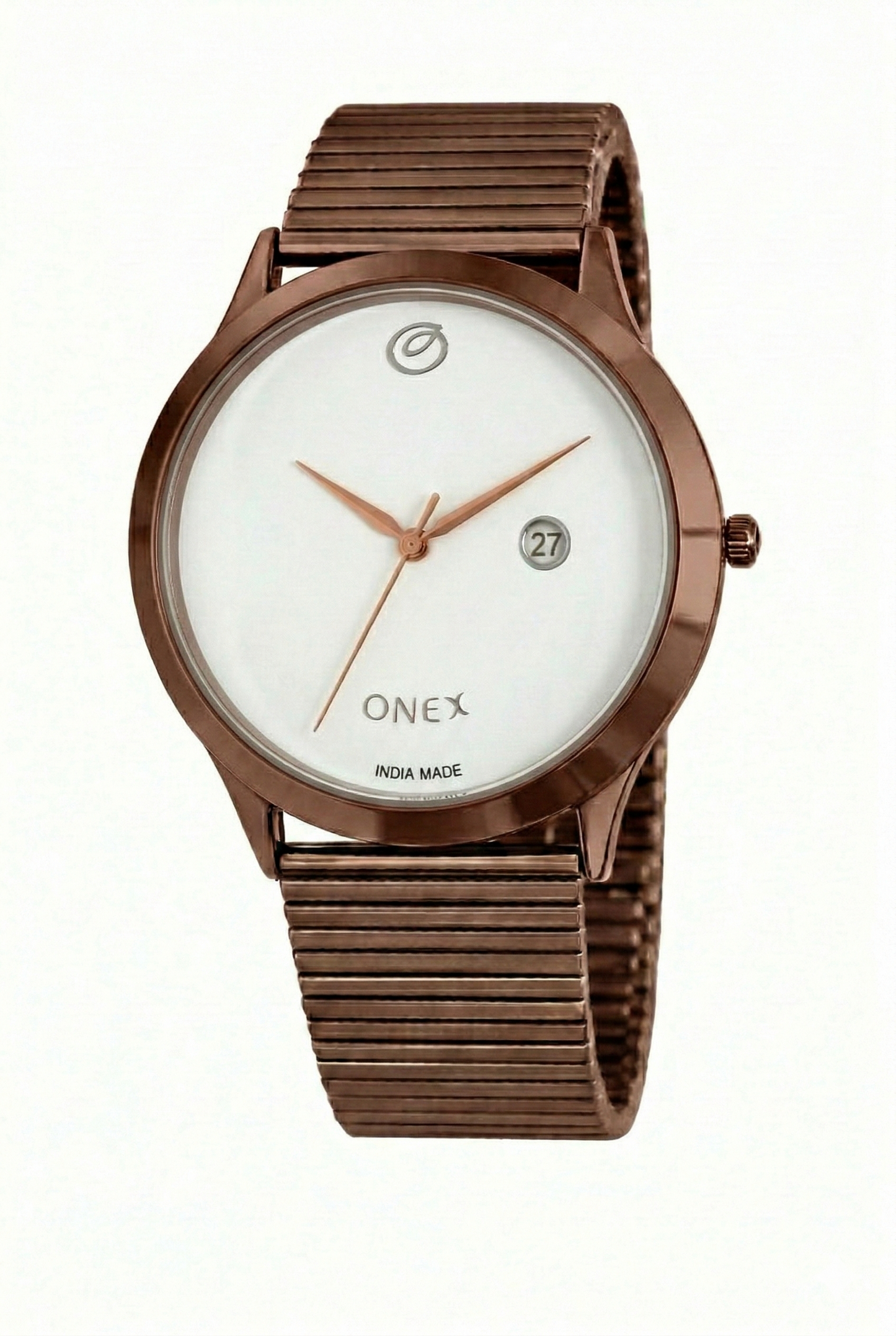 ONEX Men’s Analog Watch with Date Display | Silver Sunray Dial | Rose Gold Case & Expandable Metal Strap | Stylish Casual & Formal Watch for Men