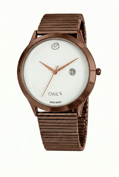 ONEX Men’s Analog Watch with Date Display | Silver Sunray Dial | Rose Gold Case & Expandable Metal Strap | Stylish Casual & Formal Watch for Men