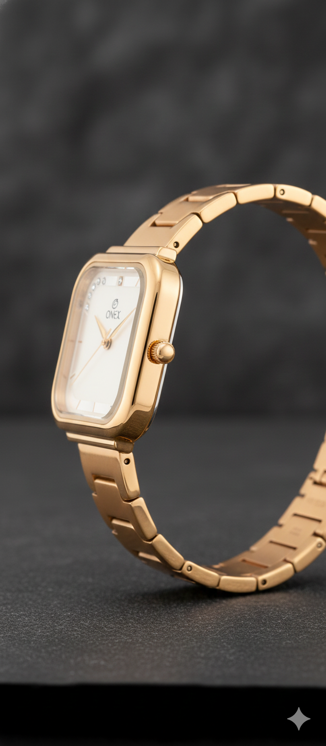 ONEX Rose Gold Square Dial Analog Watch for Women | Crystal Accent Dial | Metal Strap