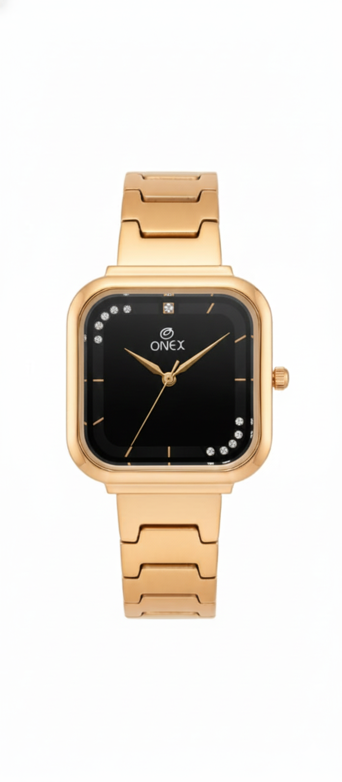 ONEX Rose Gold Square Dial Analog Watch for Women | Crystal Accent Dial | Metal Strap