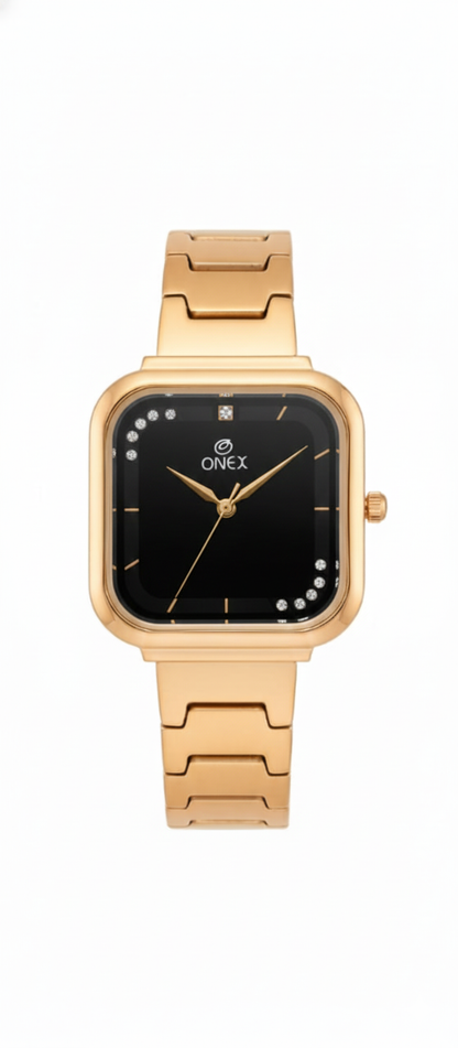 ONEX Rose Gold Square Dial Analog Watch for Women | Crystal Accent Dial | Metal Strap