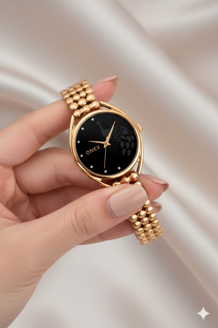 ONEX Elegant Rose Gold Bracelet Watch for Women | Stylish Black Dial Analog Watch | Party & Daily Wear