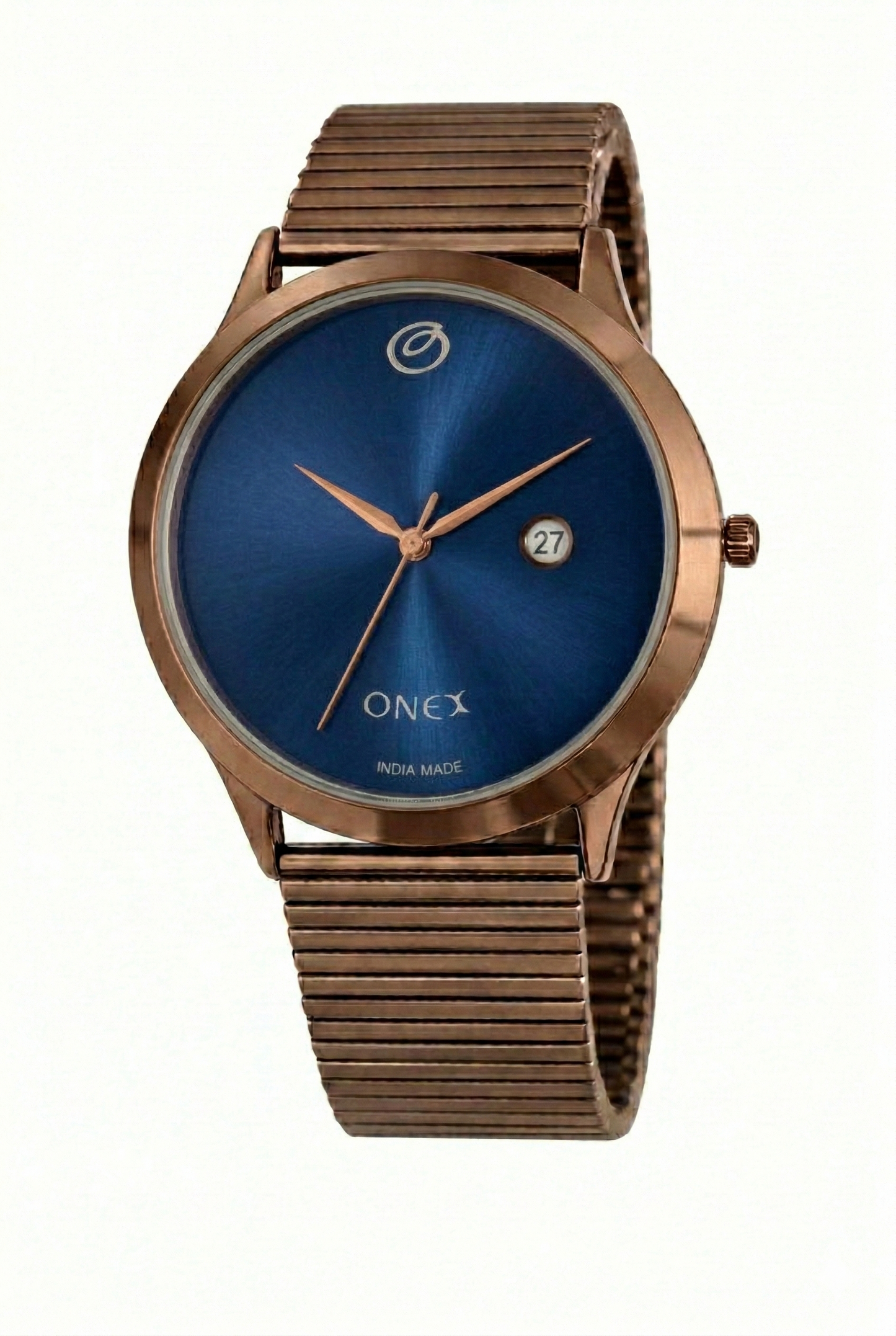 ONEX Men’s Analog Watch with Date Display | Blue Sunray Dial | Rose Gold Case & Expandable Metal Strap | Stylish Casual & Formal Watch for Men