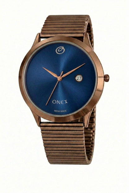 ONEX Men’s Analog Watch with Date Display | Blue Sunray Dial | Rose Gold Case & Expandable Metal Strap | Stylish Casual & Formal Watch for Men