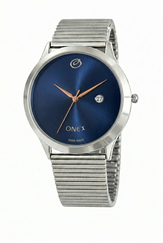 ONEX Men’s Analog Watch with Date Display | Blue Sunray Dial | Stainless Steel Case & Expandable Metal Strap | Premium Casual & Formal Watch for Men