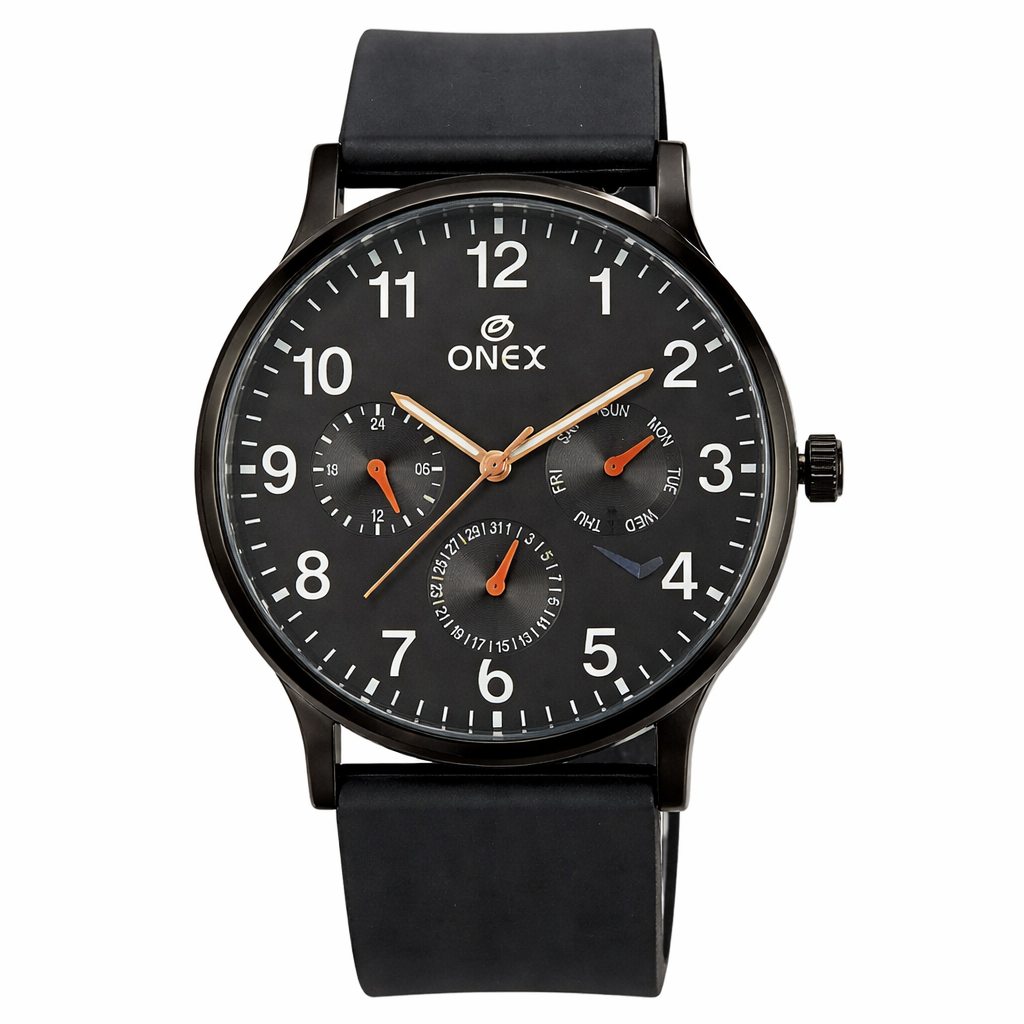 ONEX Men's Multifunction Analog Watch | Black Dial with Day-Date Display | Black Silicone Strap | Stylish Casual & Formal Wrist Watch for Men