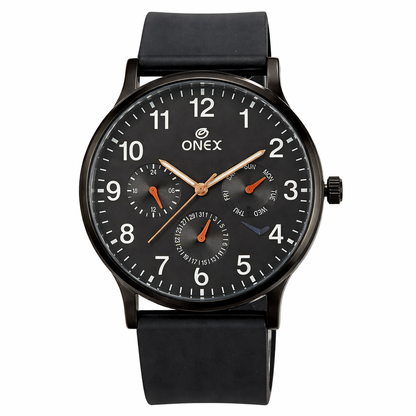 ONEX Men's Multifunction Analog Watch | Black Dial with Day-Date Display | Black Silicone Strap | Stylish Casual & Formal Wrist Watch for Men