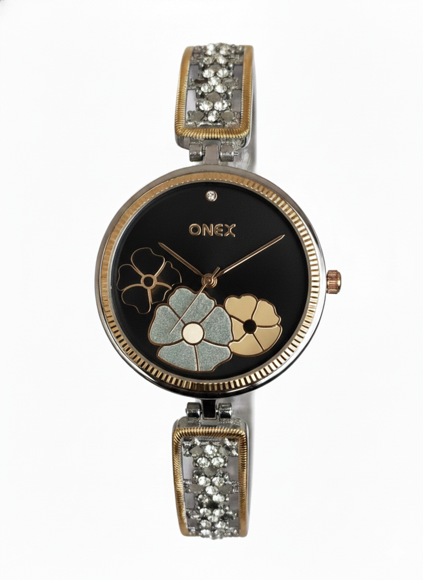 ONEX Women's Gold-Silver Floral Designer Analog Watch with Black Dial & Crystal Bracelet | Premium Quartz Wrist Watch