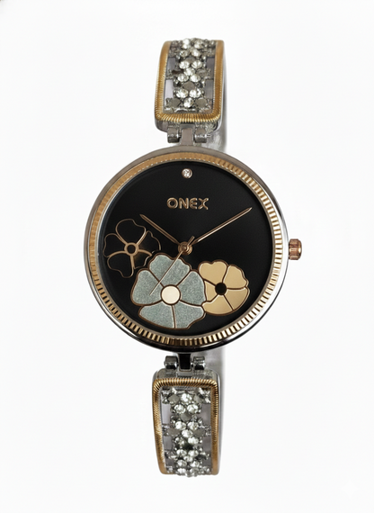 ONEX Women's Gold-Silver Floral Designer Analog Watch with Black Dial & Crystal Bracelet | Premium Quartz Wrist Watch
