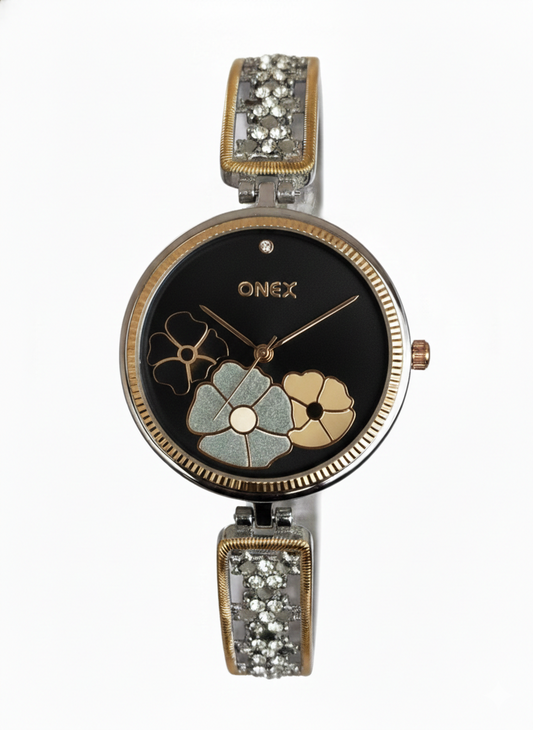 ONEX Women's Gold-Silver Floral Designer Analog Watch with Black Dial & Crystal Bracelet | Premium Quartz Wrist Watch