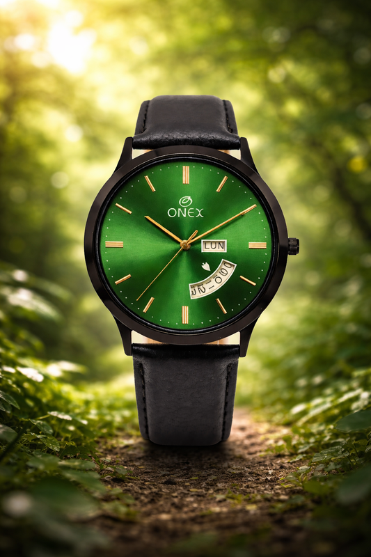 ONEX Men's Analog Watch with Day & Date Display | Green Sunburst Dial | Black Leather Strap | Quartz Movement | Formal & Casual Wrist Watch for Men
