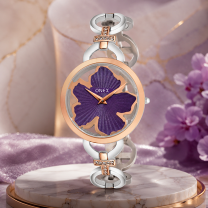 ONEX Silver - Rosegold Women’s Bracelet Watch with Purple Textured Dial & Crystal Accents