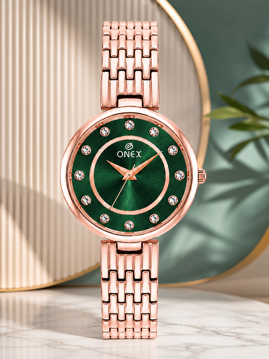 Onex Women’s Green Analog Watch with Crystal Studded Dial & Stainless Steel Bracelet