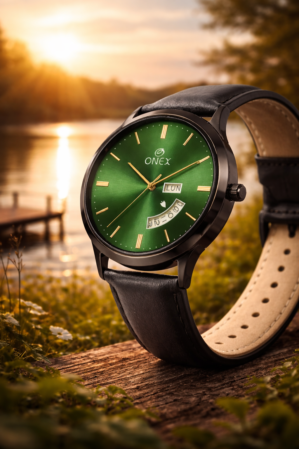 ONEX Men's Analog Watch with Day & Date Display | Green Sunburst Dial | Black Leather Strap | Quartz Movement | Formal & Casual Wrist Watch for Men