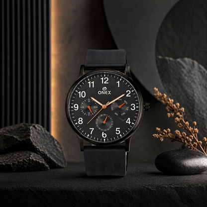 ONEX Men's Multifunction Analog Watch | Black Dial with Day-Date Display | Black Silicone Strap | Stylish Casual & Formal Wrist Watch for Men