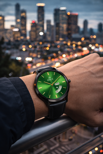 ONEX Men's Analog Watch with Day & Date Display | Green Sunburst Dial | Black Leather Strap | Quartz Movement | Formal & Casual Wrist Watch for Men