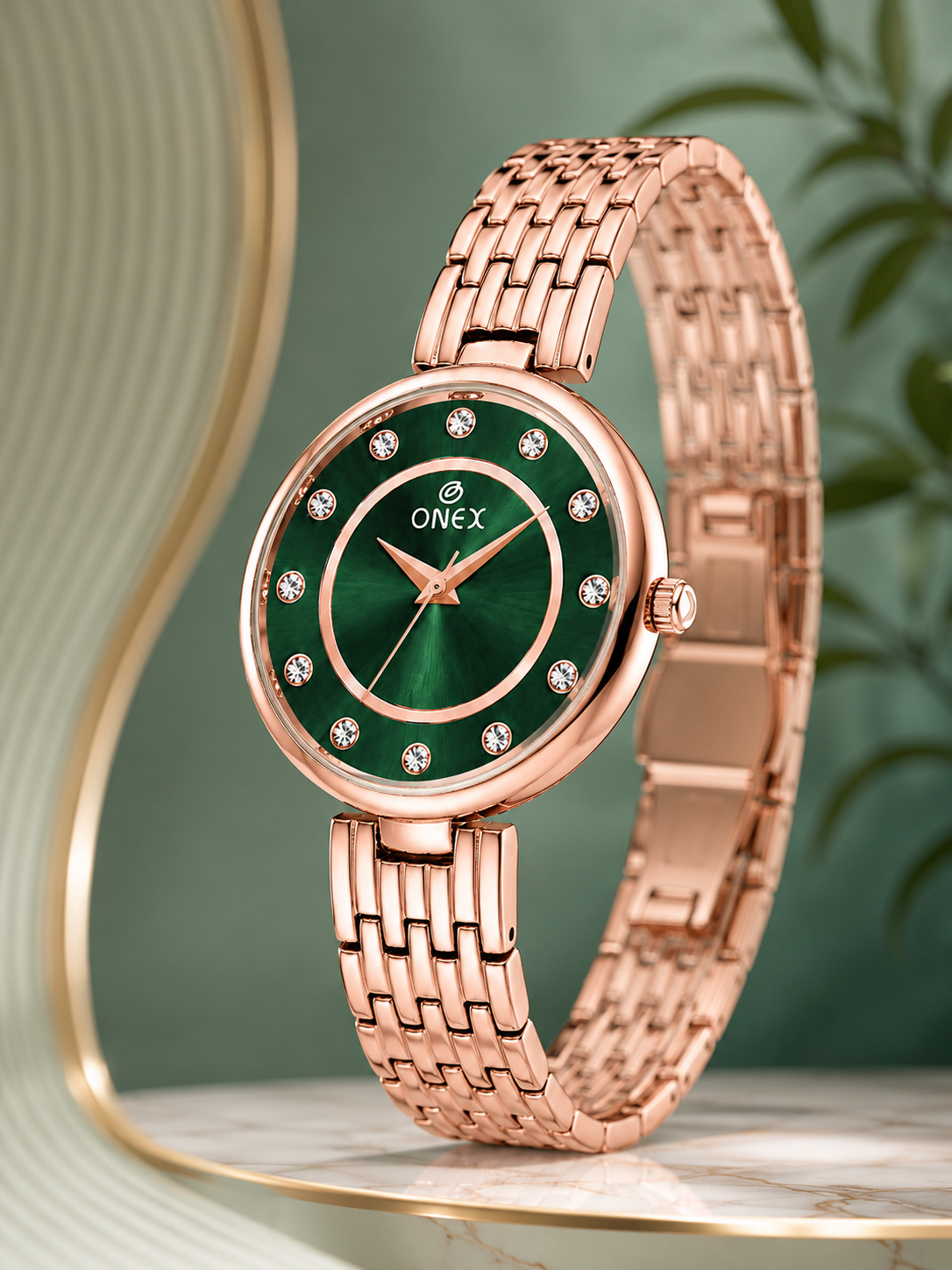 Onex Women’s Green Analog Watch with Crystal Studded Dial & Stainless Steel Bracelet