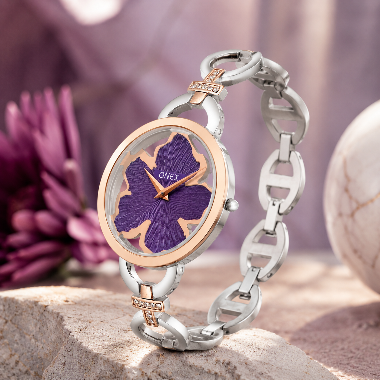 ONEX Silver - Rosegold Women’s Bracelet Watch with Purple Textured Dial & Crystal Accents