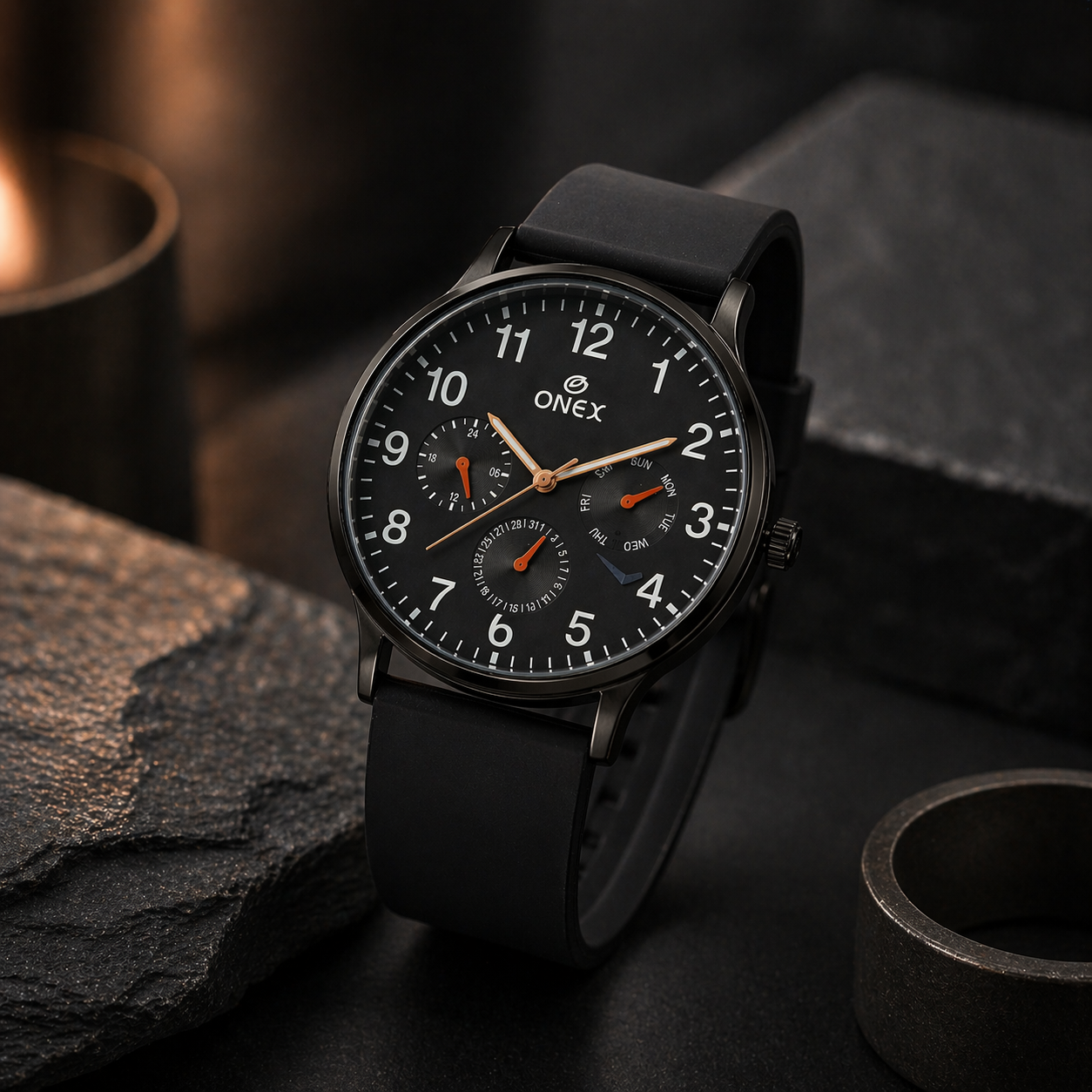 ONEX Men's Multifunction Analog Watch | Black Dial with Day-Date Display | Black Silicone Strap | Stylish Casual & Formal Wrist Watch for Men