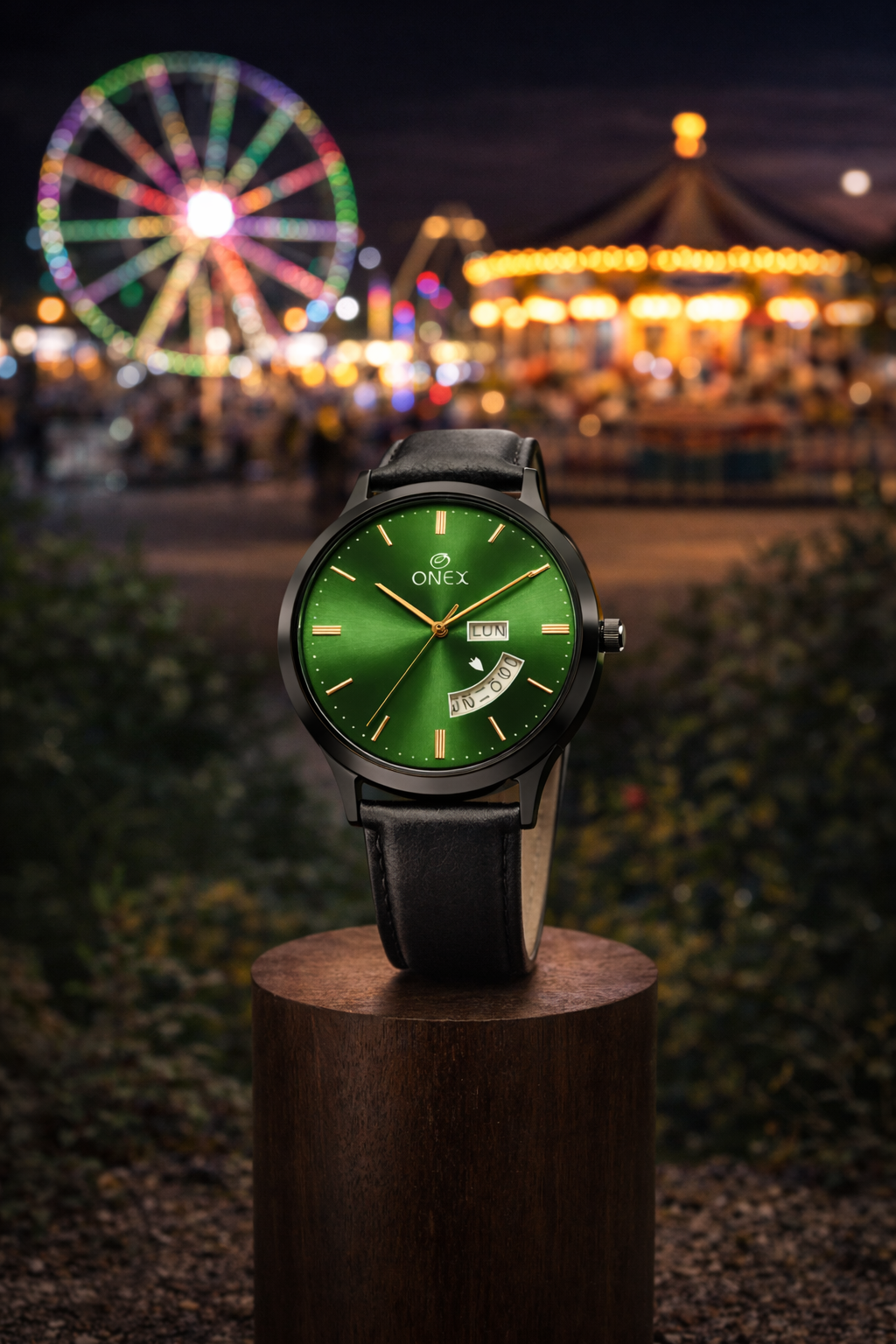 ONEX Men's Analog Watch with Day & Date Display | Green Sunburst Dial | Black Leather Strap | Quartz Movement | Formal & Casual Wrist Watch for Men