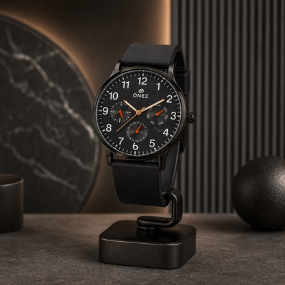 ONEX Men's Multifunction Analog Watch | Black Dial with Day-Date Display | Black Silicone Strap | Stylish Casual & Formal Wrist Watch for Men