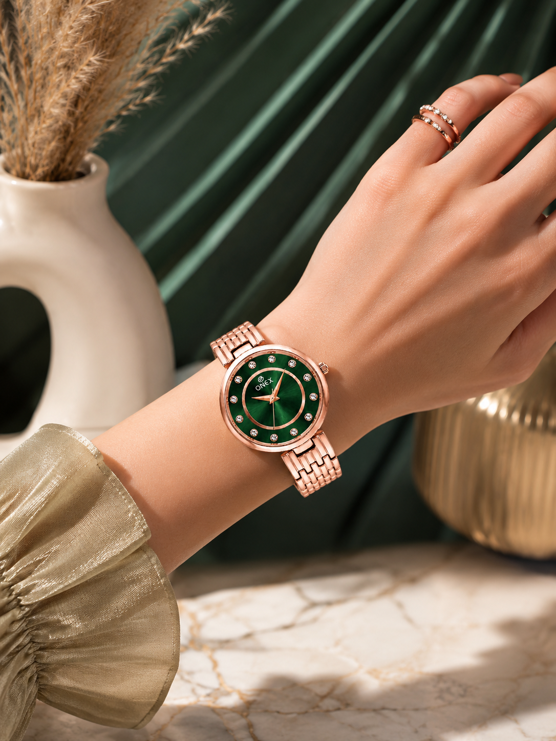 Onex Women’s Green Analog Watch with Crystal Studded Dial & Stainless Steel Bracelet