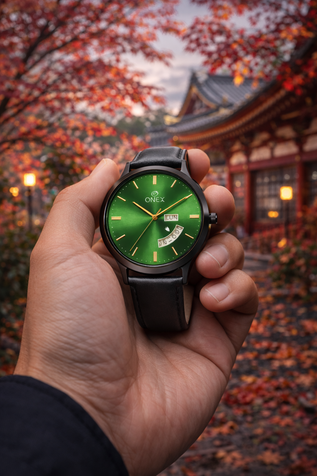 ONEX Men's Analog Watch with Day & Date Display | Green Sunburst Dial | Black Leather Strap | Quartz Movement | Formal & Casual Wrist Watch for Men