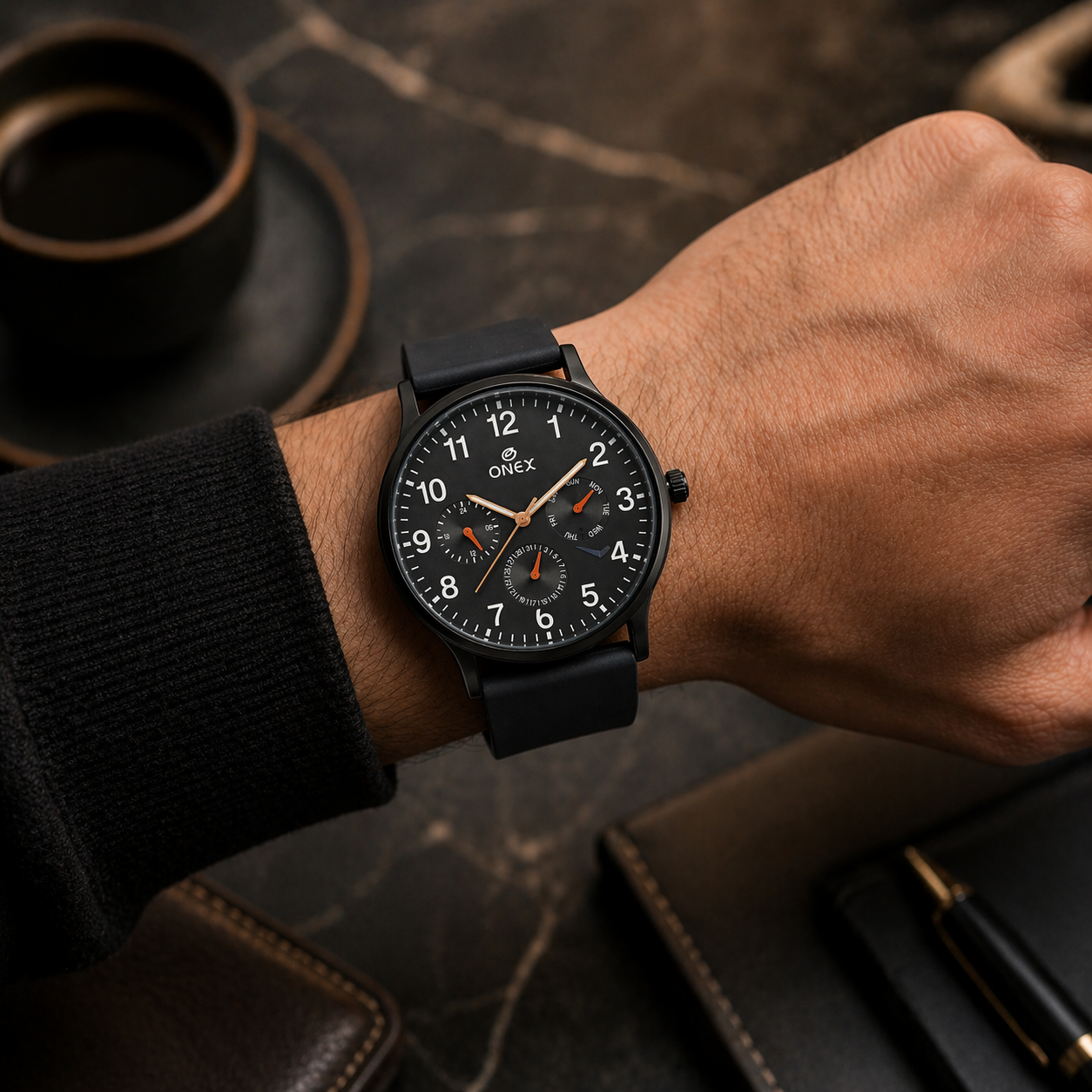 ONEX Men's Multifunction Analog Watch | Black Dial with Day-Date Display | Black Silicone Strap | Stylish Casual & Formal Wrist Watch for Men