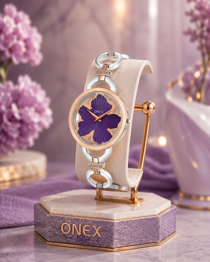 ONEX Silver - Rosegold Women’s Bracelet Watch with Purple Textured Dial & Crystal Accents