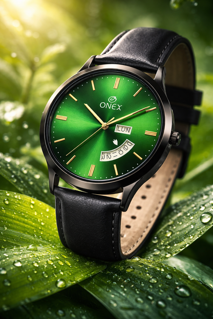 ONEX Men's Analog Watch with Day & Date Display | Green Sunburst Dial | Black Leather Strap | Quartz Movement | Formal & Casual Wrist Watch for Men