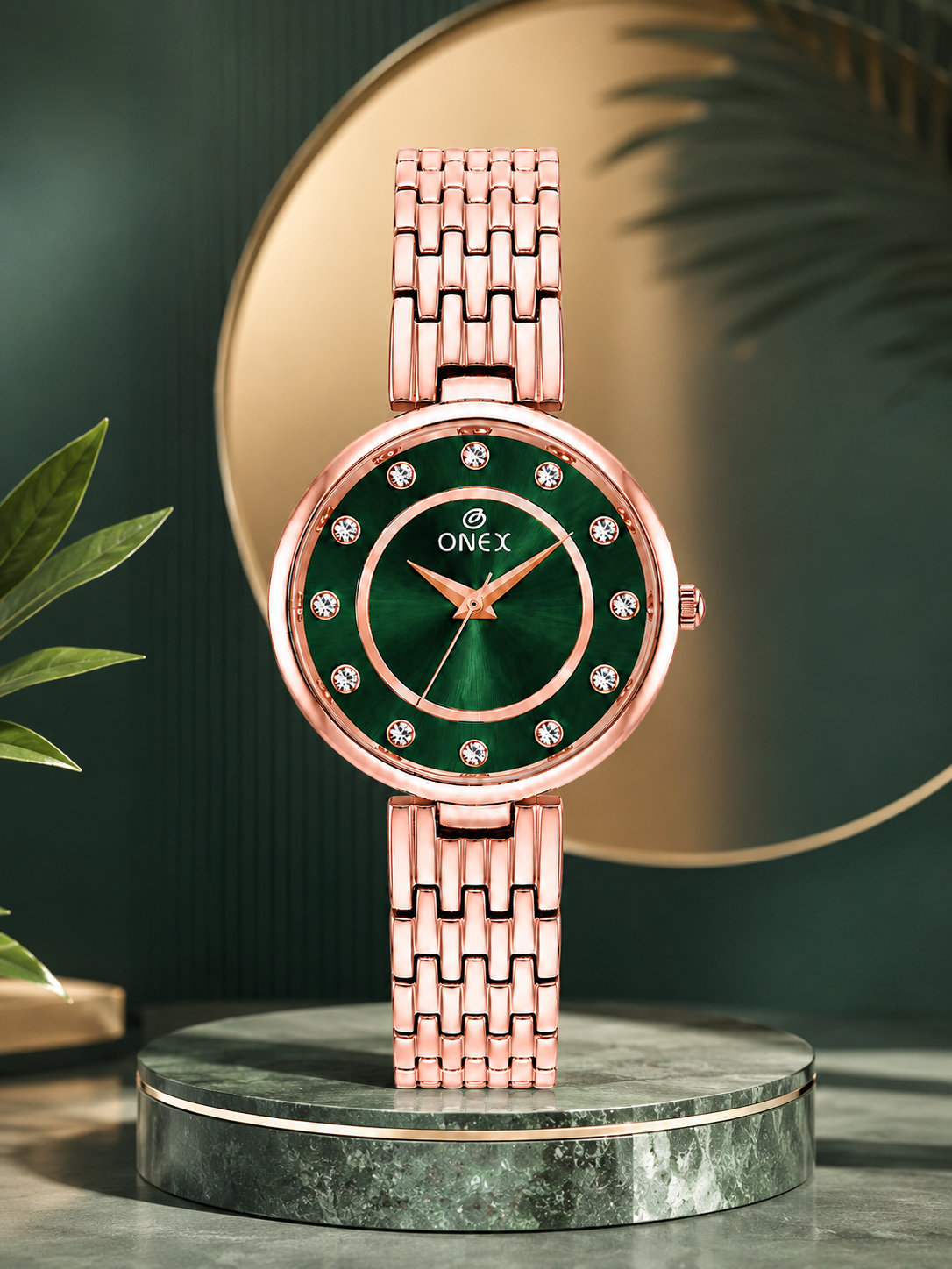 Onex Women’s Green Analog Watch with Crystal Studded Dial & Stainless Steel Bracelet