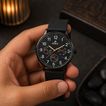 ONEX Men's Multifunction Analog Watch | Black Dial with Day-Date Display | Black Silicone Strap | Stylish Casual & Formal Wrist Watch for Men