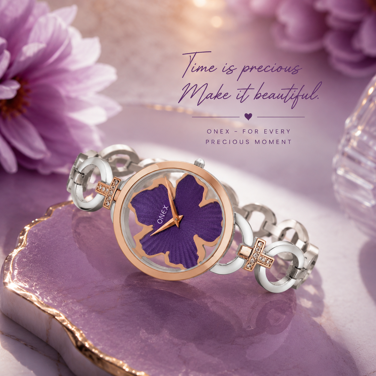 ONEX Silver - Rosegold Women’s Bracelet Watch with Purple Textured Dial & Crystal Accents
