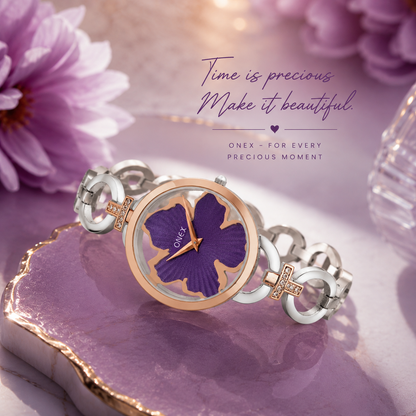 ONEX Silver - Rosegold Women’s Bracelet Watch with Purple Textured Dial & Crystal Accents