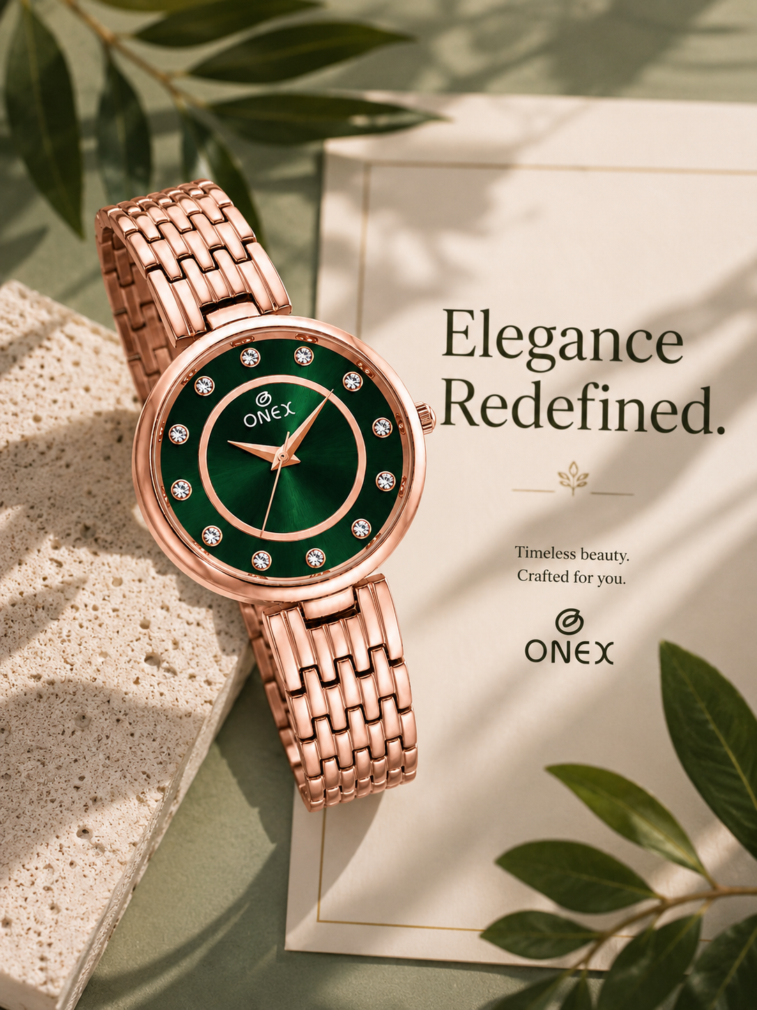 Onex Women’s Green Analog Watch with Crystal Studded Dial & Stainless Steel Bracelet