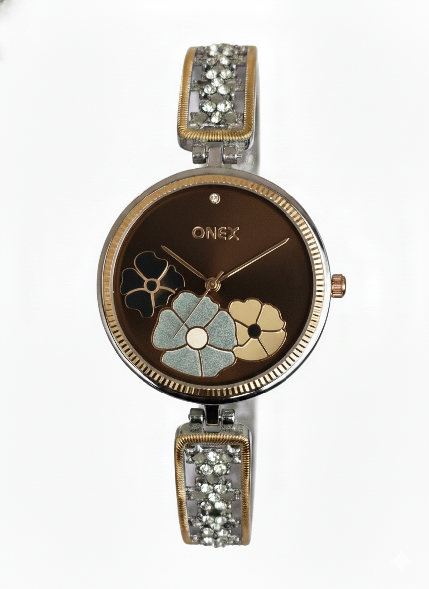 ONEX Women's Gold-Silver Floral Designer Analog Watch with Brown Dial & Crystal Bracelet | Premium Quartz Wrist Watch