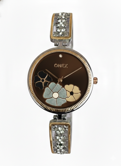 ONEX Women's Gold-Silver Floral Designer Analog Watch with Brown Dial & Crystal Bracelet | Premium Quartz Wrist Watch