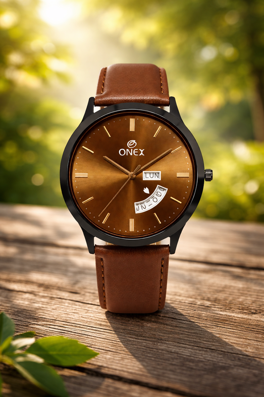 ONEX Men's Analog Watch with Day & Date Display | Brown Sunburst Dial | Brown Leather Strap | Quartz Movement | Formal & Casual Wrist Watch for Men