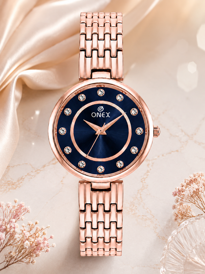 Onex Women’s Blue Analog Watch with Crystal Studded Dial & Stainless Steel Bracelet