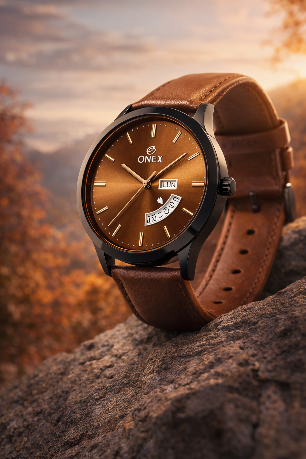 ONEX Men's Analog Watch with Day & Date Display | Brown Sunburst Dial | Brown Leather Strap | Quartz Movement | Formal & Casual Wrist Watch for Men