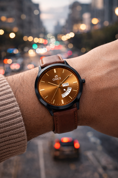 ONEX Men's Analog Watch with Day & Date Display | Brown Sunburst Dial | Brown Leather Strap | Quartz Movement | Formal & Casual Wrist Watch for Men