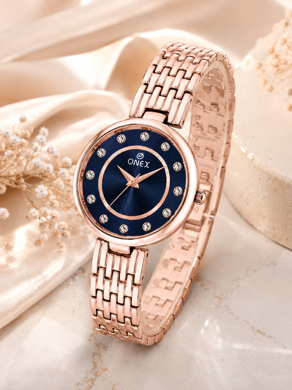 Onex Women’s Blue Analog Watch with Crystal Studded Dial & Stainless Steel Bracelet