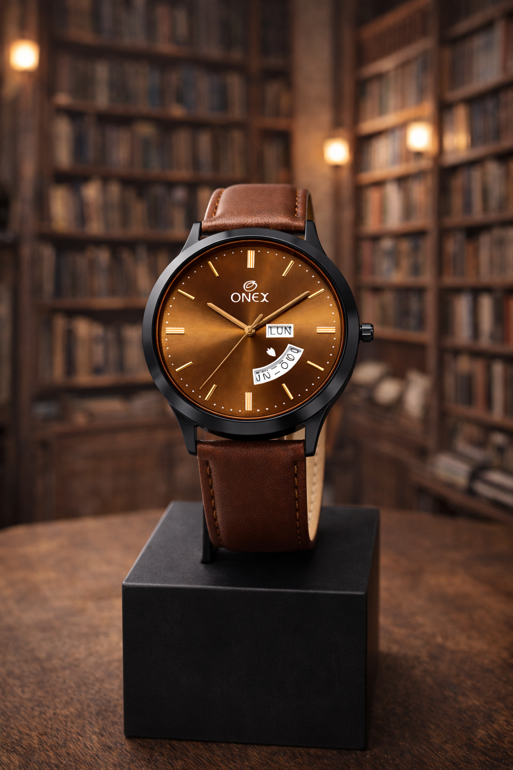 ONEX Men's Analog Watch with Day & Date Display | Brown Sunburst Dial | Brown Leather Strap | Quartz Movement | Formal & Casual Wrist Watch for Men