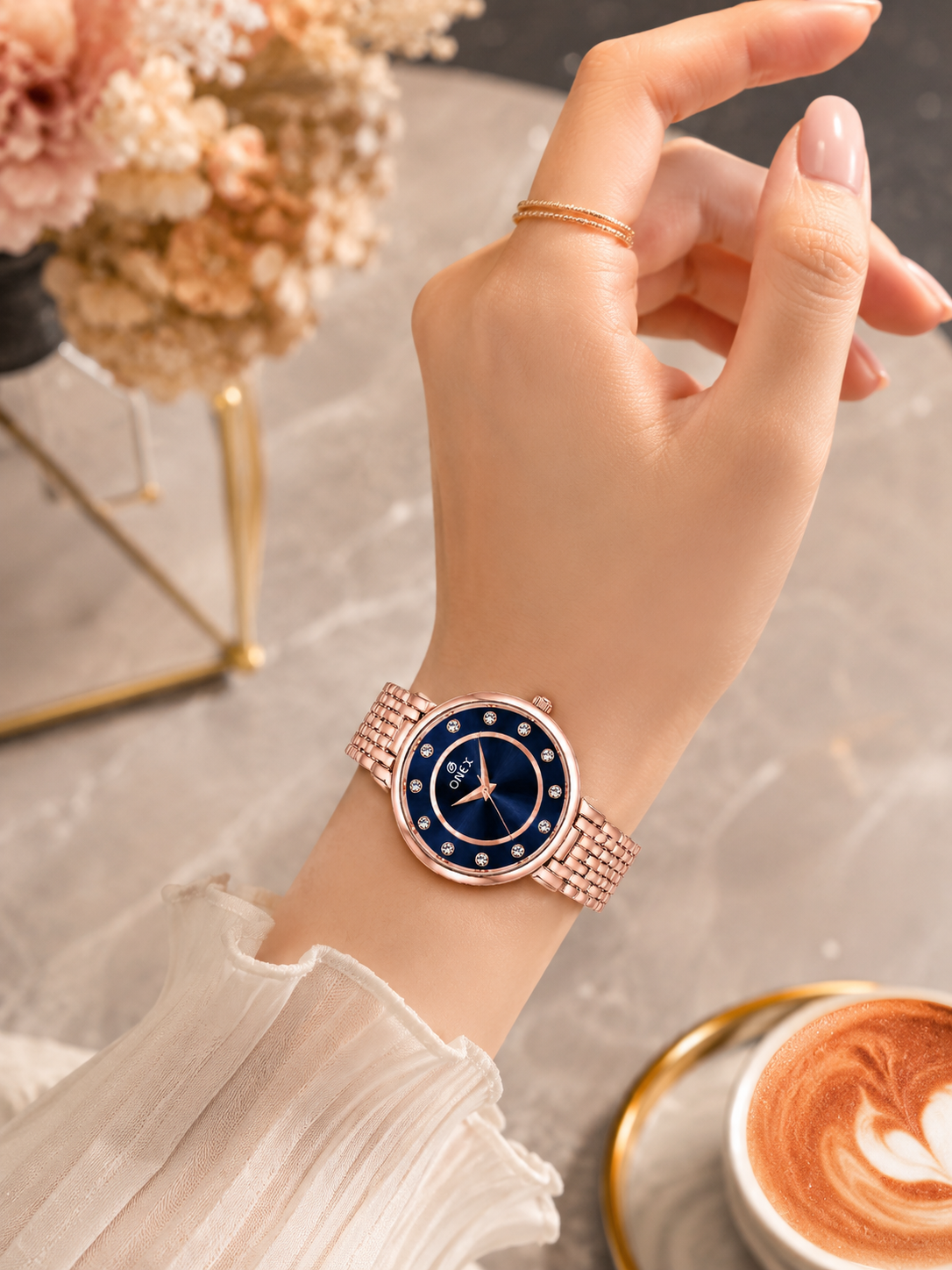 Onex Women’s Blue Analog Watch with Crystal Studded Dial & Stainless Steel Bracelet