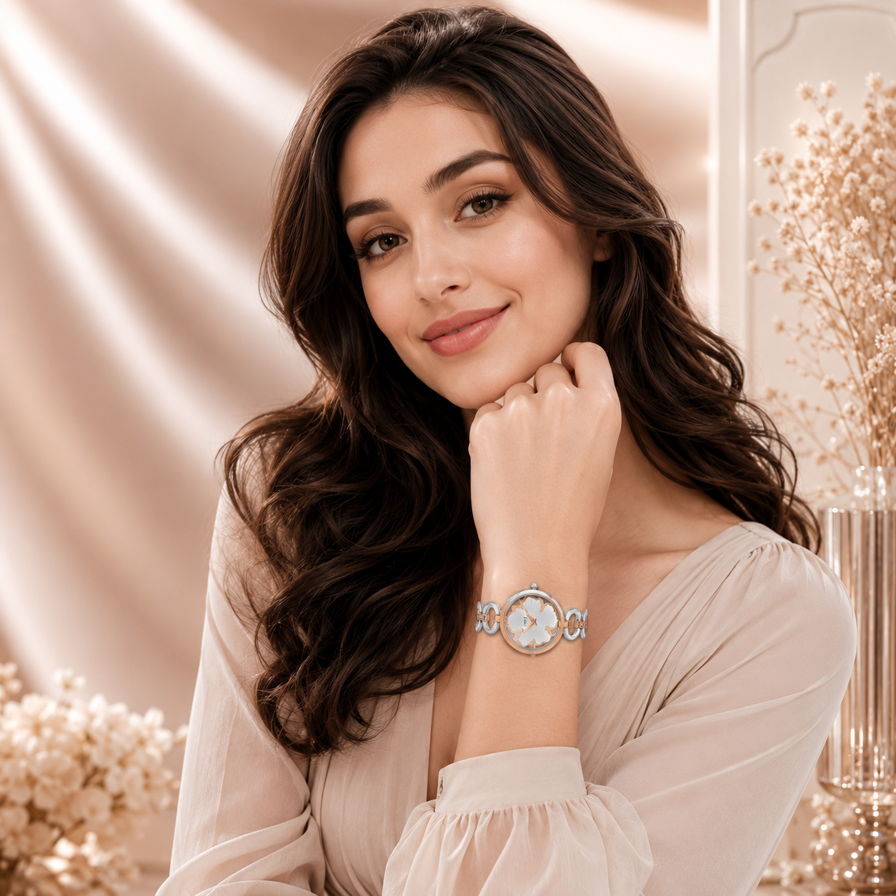 ONEX Silver - Rosegold Women’s Bracelet Watch with Silver Textured Dial & Crystal Accents
